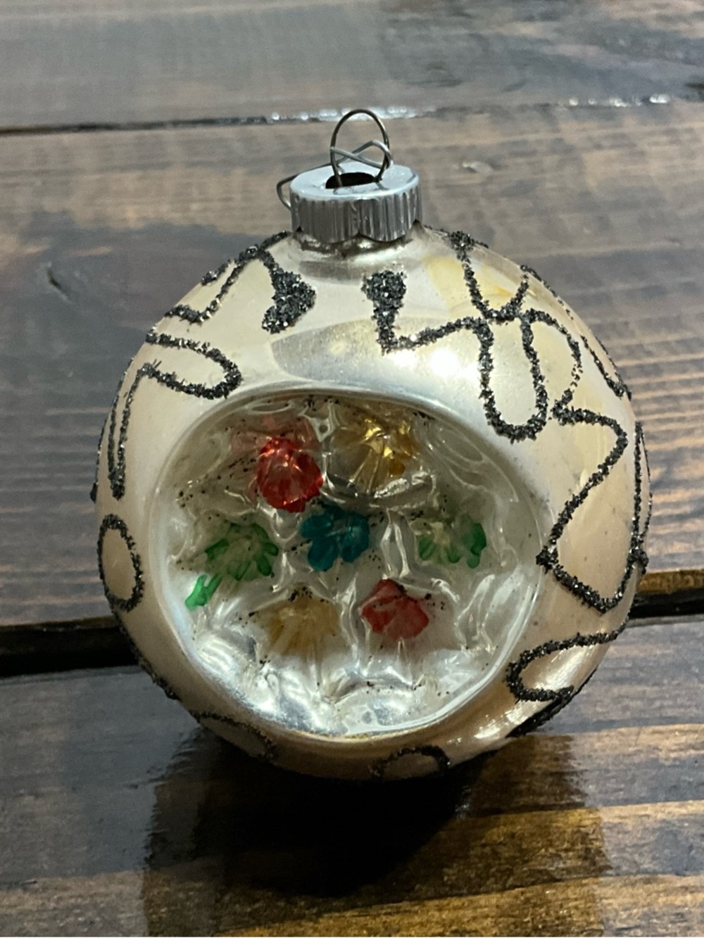 Vintage Large Shiny Brite Indented Glass Ornament Germany Black Mica Pattern MCM